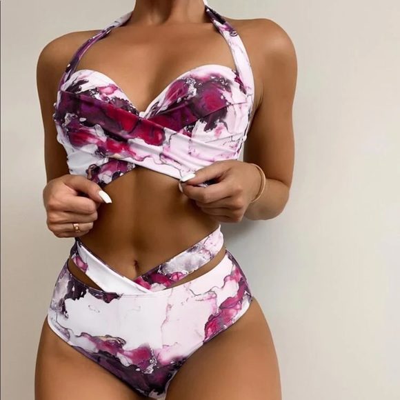 Boho blue white tie dye marble sleeve runt high waisted halter bikini set - Picture 8 of 8